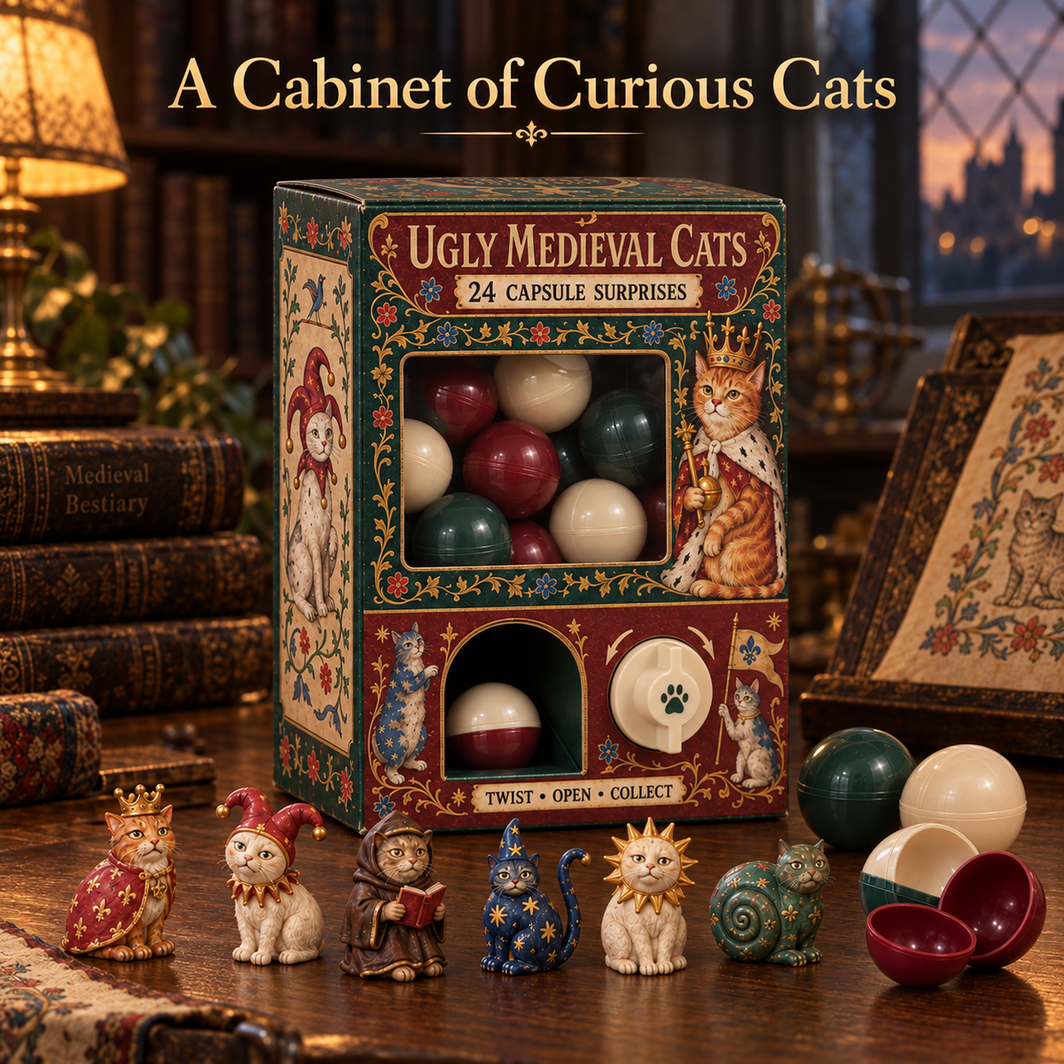 Ugly Medieval Cats Mystery Box with collectible cats and surprise capsules