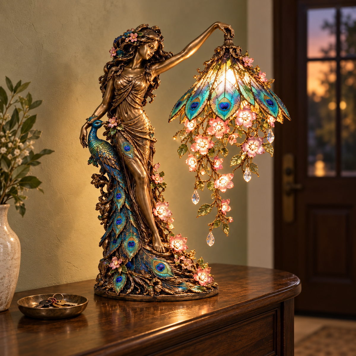 🦚✨ Enchanted Peacock Goddess Table Lamp – Floral Art Nouveau Accent Light