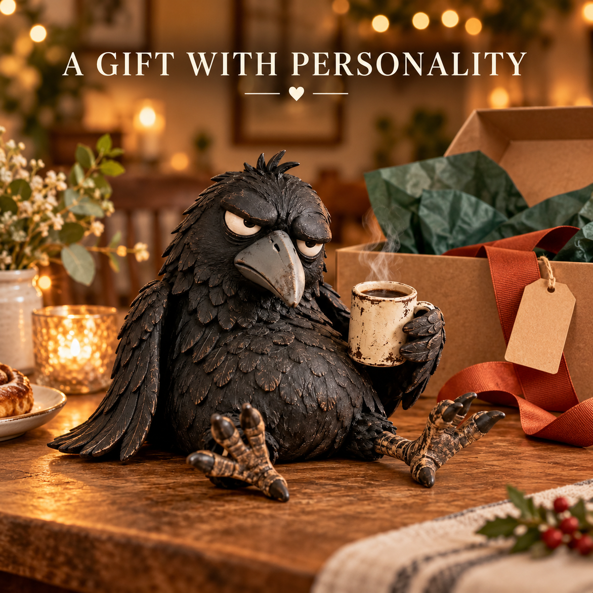 Raven coffee figurine styled beside a wrapped gift in a warm holiday setting