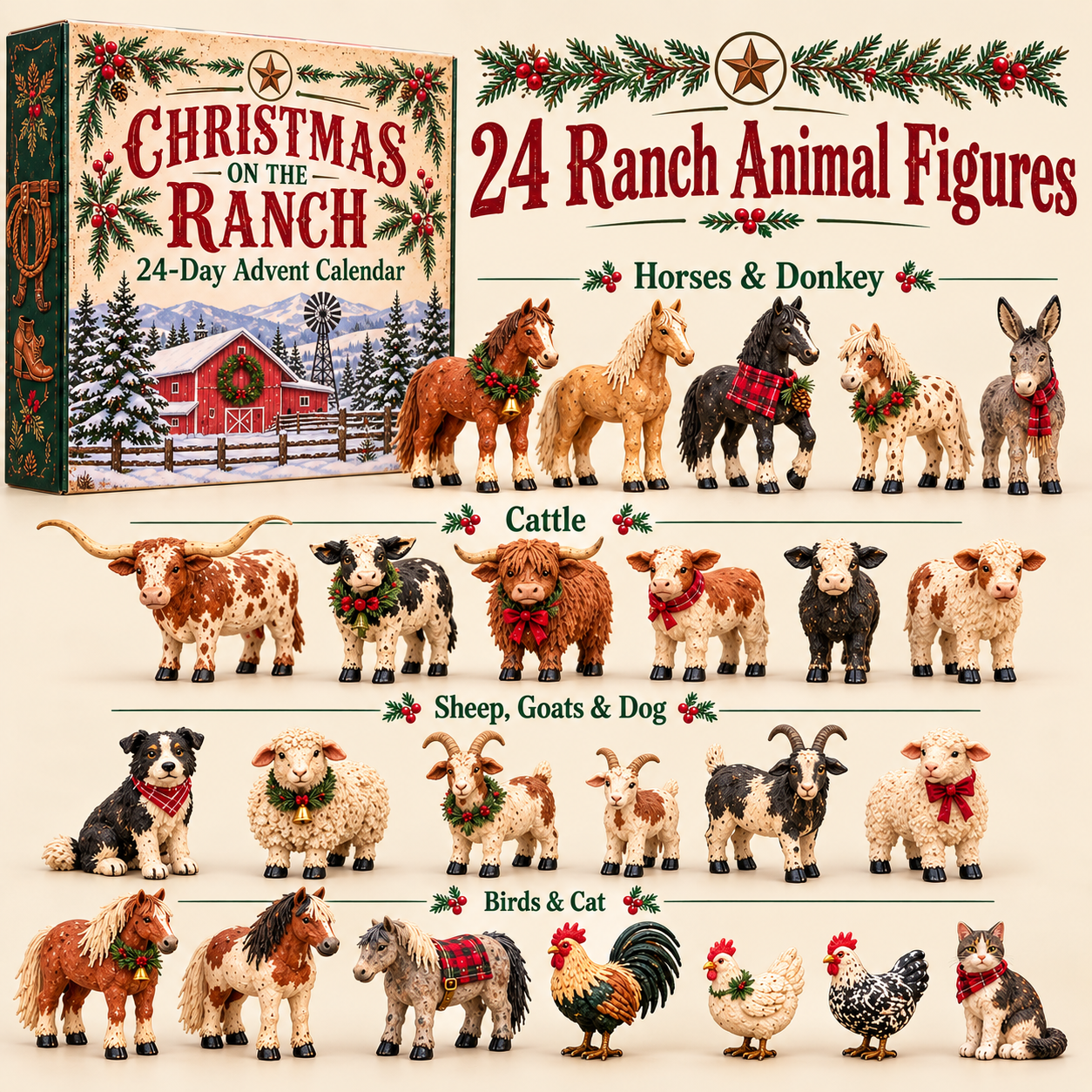 Complete 24-piece Christmas farm animal figurine collection