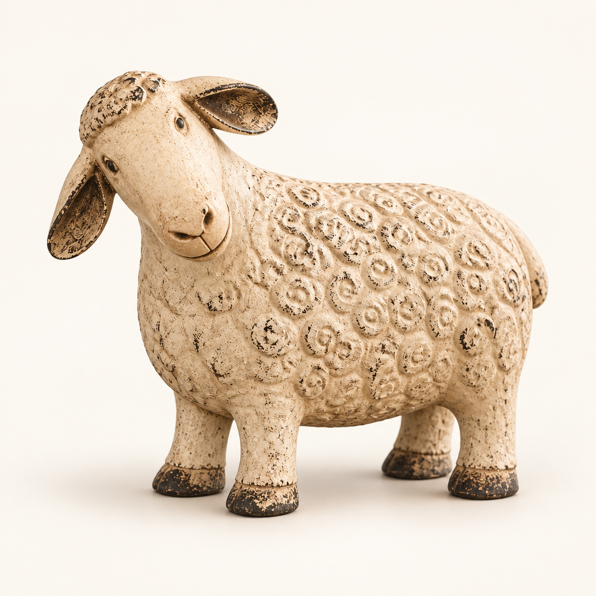 Full view of the rustic sheep figurine on an ivory background