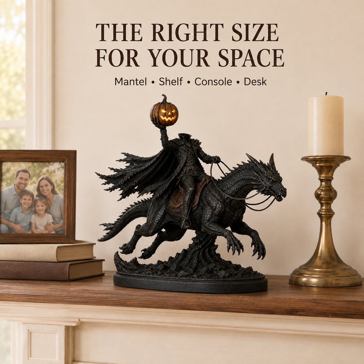 🎃 Headless Horseman on Dragon Statue – Gothic Halloween Figurine & Dark Fantasy Home Decor displayed on a mantel for scale