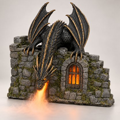 🐉🔥 Fire-Breathing Dragon Castle Mist Lamp – Glowing LED Flame Effect & Remote Control ✨