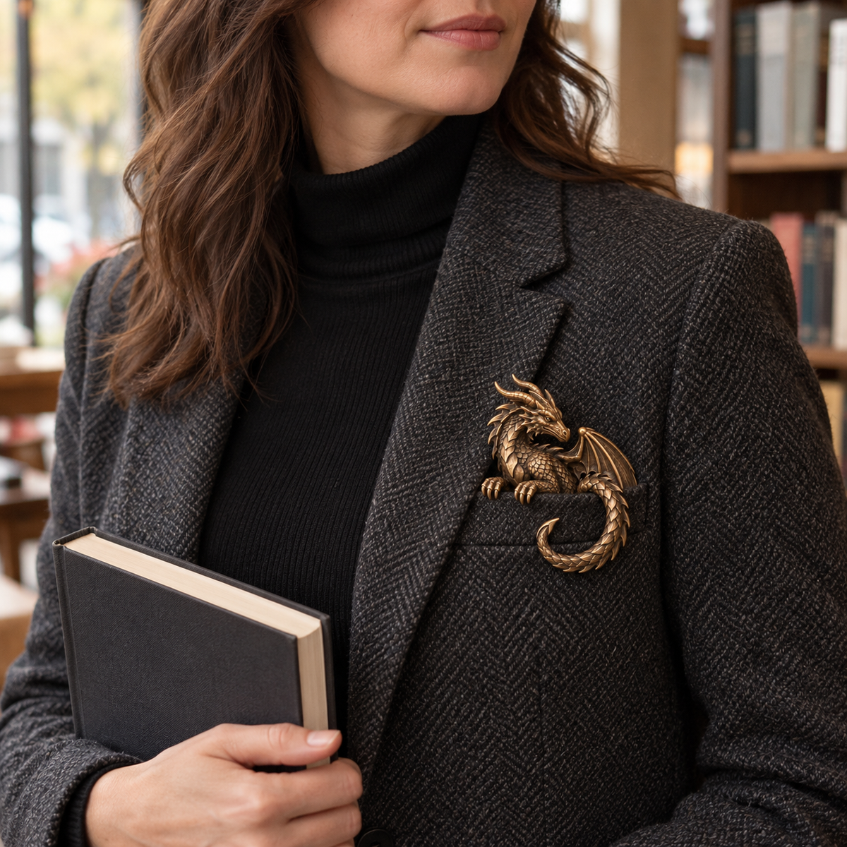 Bronze Coil dragon styled on a woman's blazer pocket
