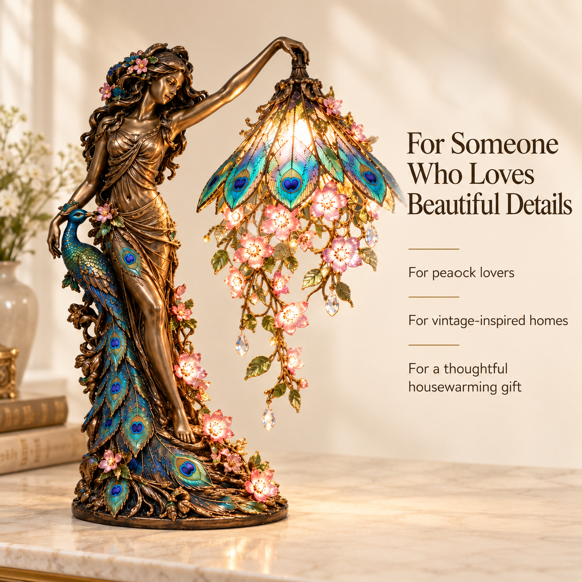 🦚✨ Enchanted Peacock Goddess Table Lamp – Floral Art Nouveau Accent Light