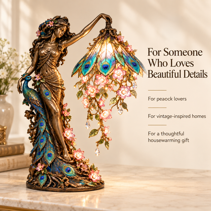 🦚✨ Enchanted Peacock Goddess Table Lamp – Floral Art Nouveau Accent Light