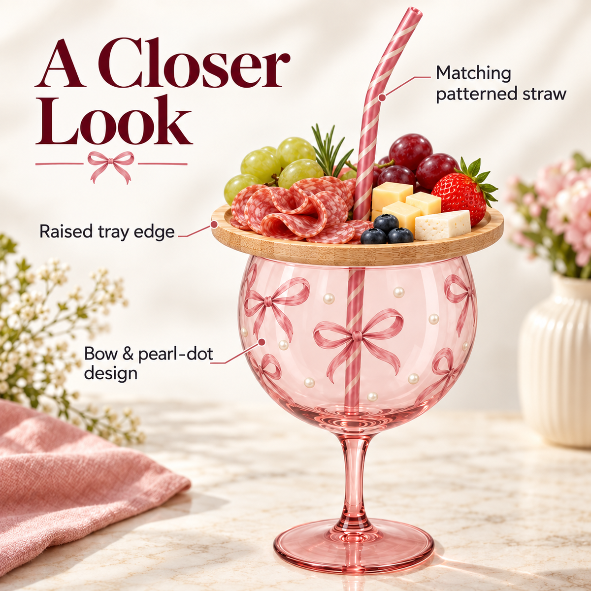 🍷 Sip & Snack Wine Glass Set – Charcuterie Topper with Straw