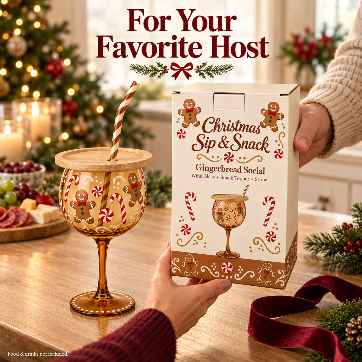 🎄🍷 Christmas Sip & Snack Wine Glass – Charcuterie Topper & Straw in 4 Festive Designs