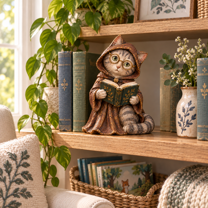 🐱📚 Whimsical Reading Cat Figurine – Cozy Book Lover Shelf Décor & Gift