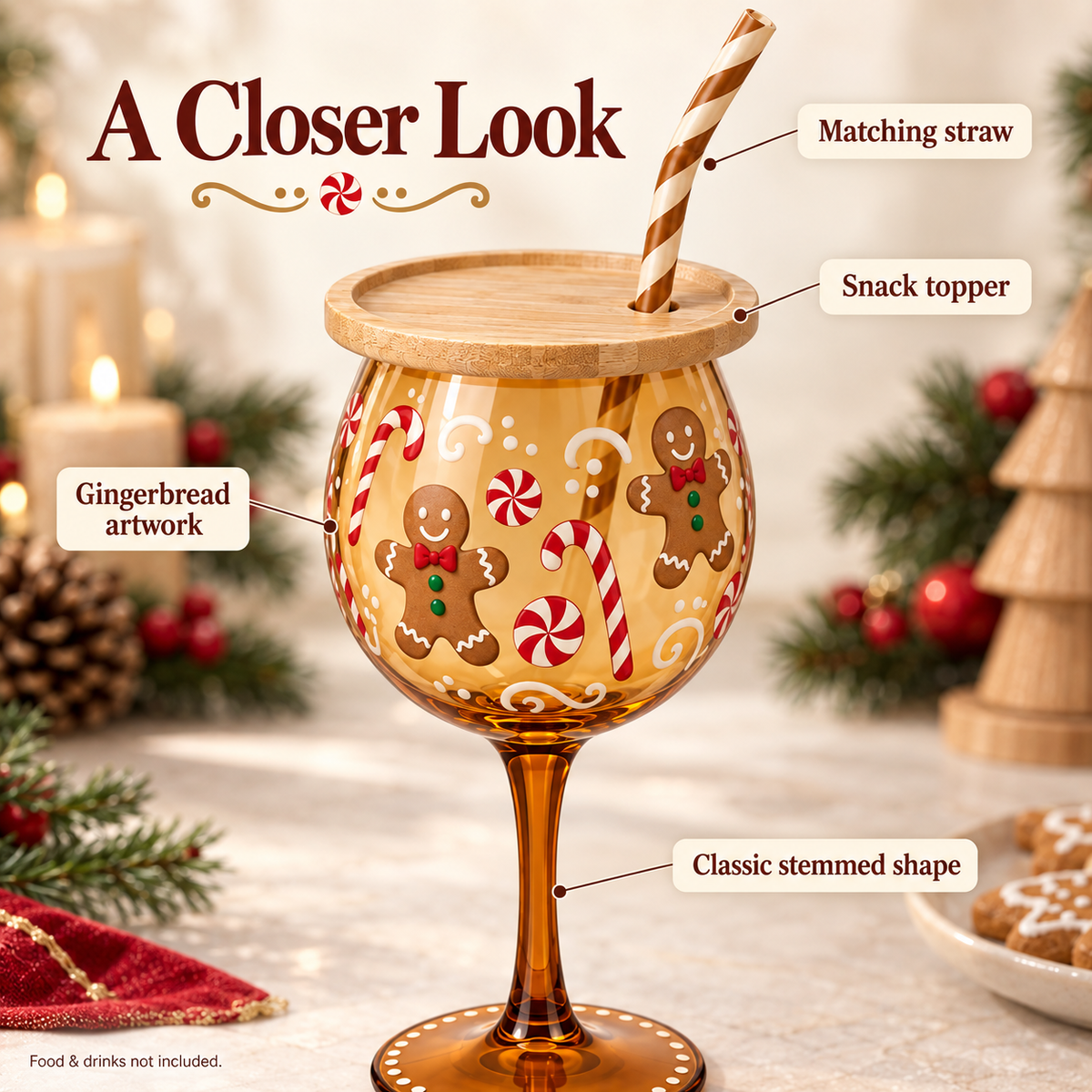 🎄🍷 Christmas Sip & Snack Wine Glass – Charcuterie Topper & Straw in 4 Festive Designs