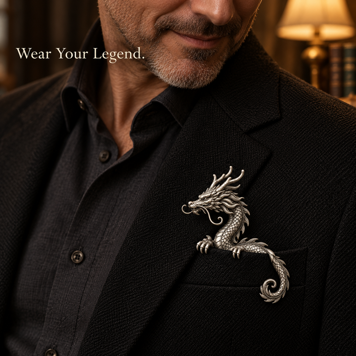 Eastern Cloud Dragon worn with a dark blazer