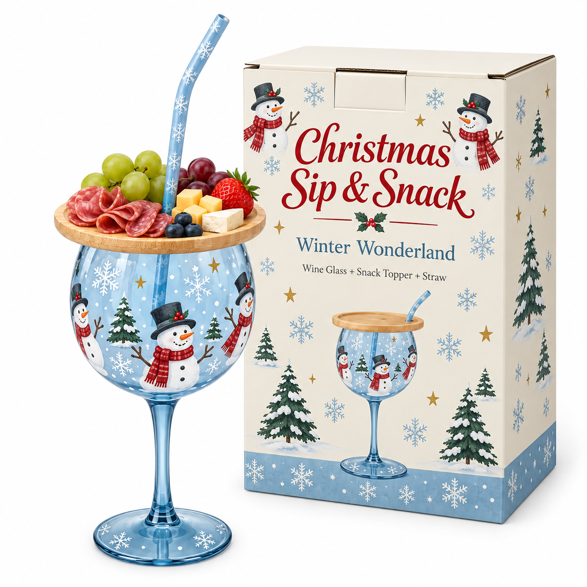 🎄🍷 Christmas Sip & Snack Wine Glass – Charcuterie Topper & Straw in 4 Festive Designs