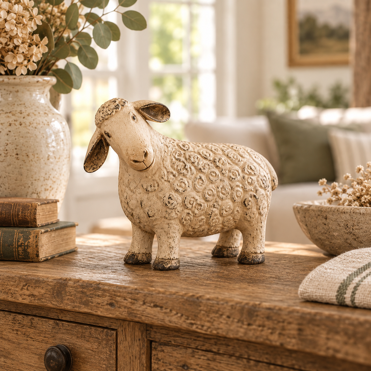 Sheep figurine styled on a farmhouse living room console