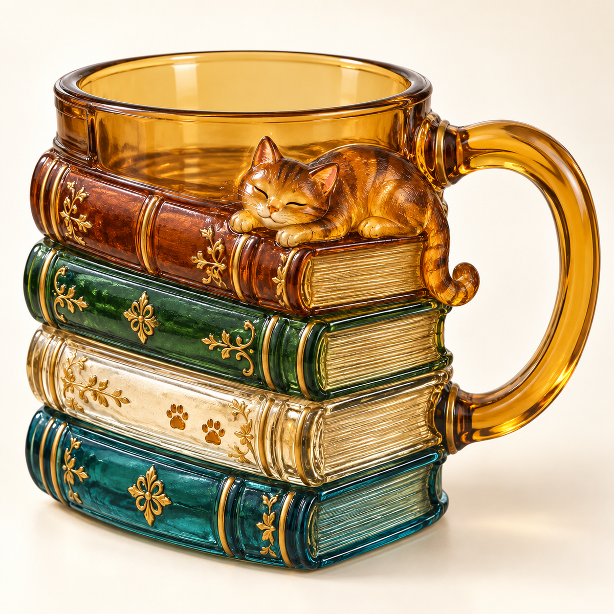 Complete cat mug with amber handle and four book-shaped layers