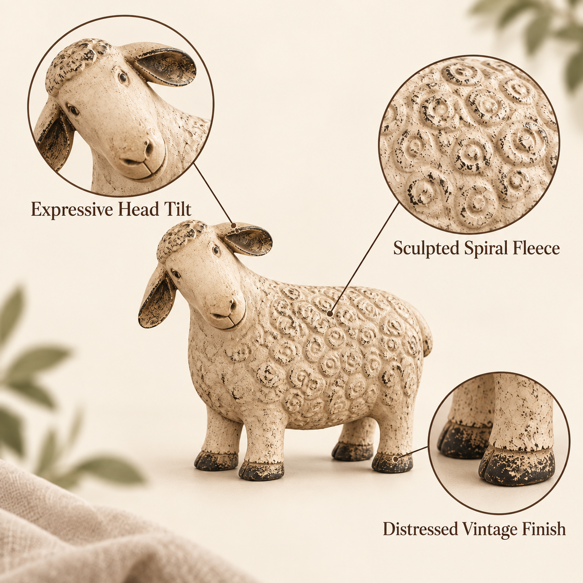 Close-up labels showing the sheep figurine head tilt, fleece texture and distressed finish