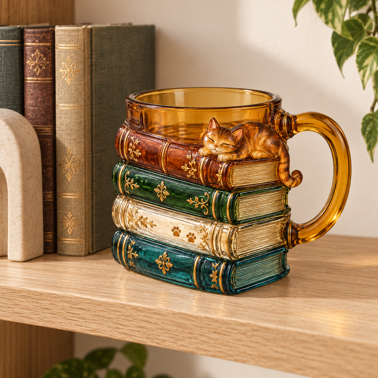 Book stack cat mug displayed on a wooden bookshelf