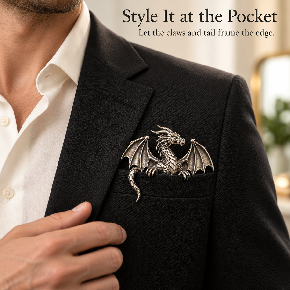 Silver dragon styled along a suit jacket pocket