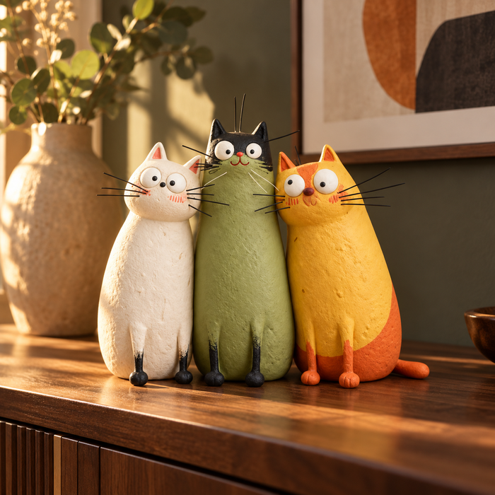 Colorful cat figurines styled on a console with framed artwork