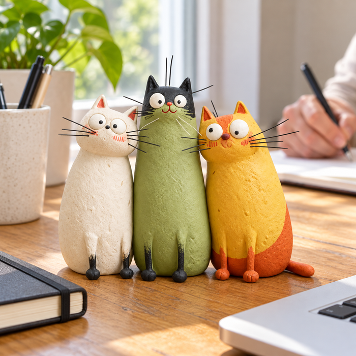 Cat figurines on a desk beside a notebook and laptop