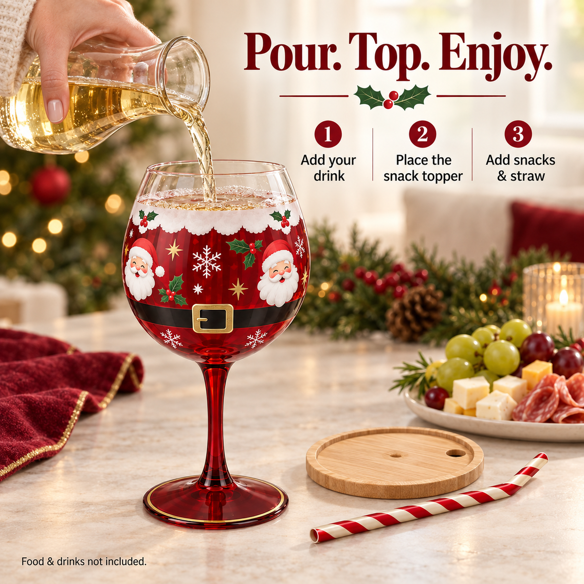 🎄🍷 Christmas Sip & Snack Wine Glass – Charcuterie Topper & Straw in 4 Festive Designs