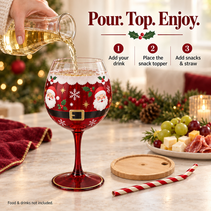 🎄🍷 Christmas Sip & Snack Wine Glass – Charcuterie Topper & Straw in 4 Festive Designs