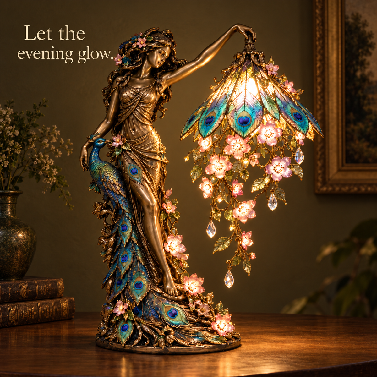 The lamp illuminated in an evening setting, highlighting its shade and flower details