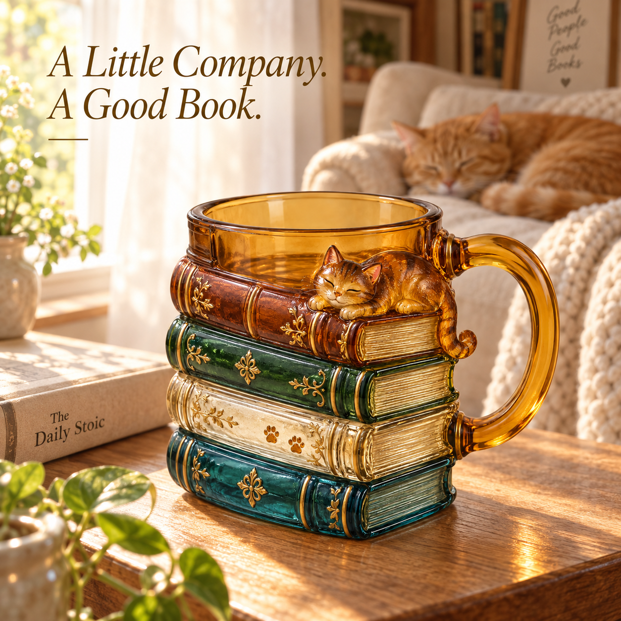 🐱📚 Cozy Book Stack Cat Mug – Whimsical Vintage Coffee Cup for Book & Cat Lovers