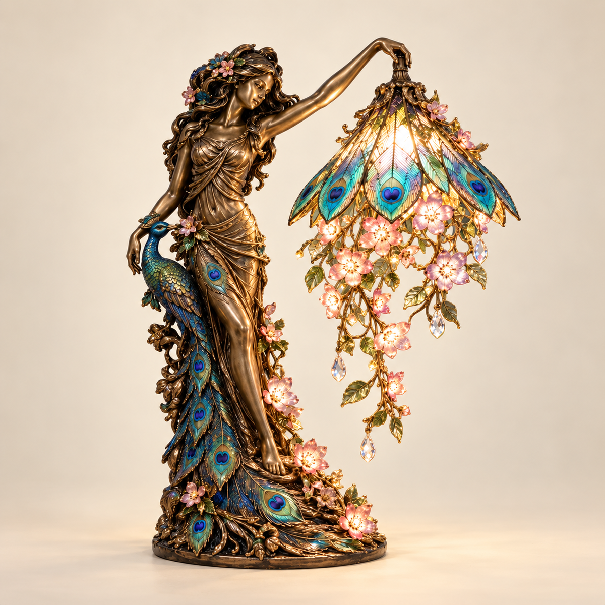 🦚✨ Enchanted Peacock Goddess Table Lamp – Floral Art Nouveau Accent Light
