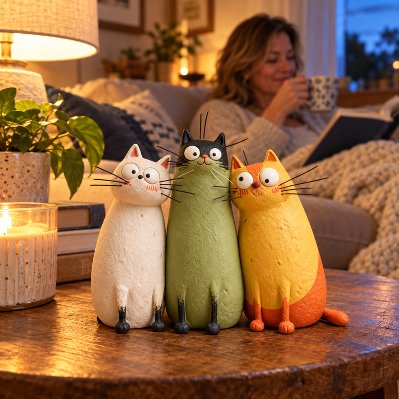 Whimsical cat figurines on a side table in a cozy reading corner