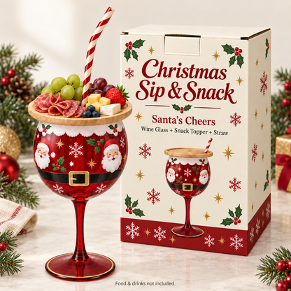 🎄🍷 Christmas Sip & Snack Wine Glass – Charcuterie Topper & Straw in 4 Festive Designs