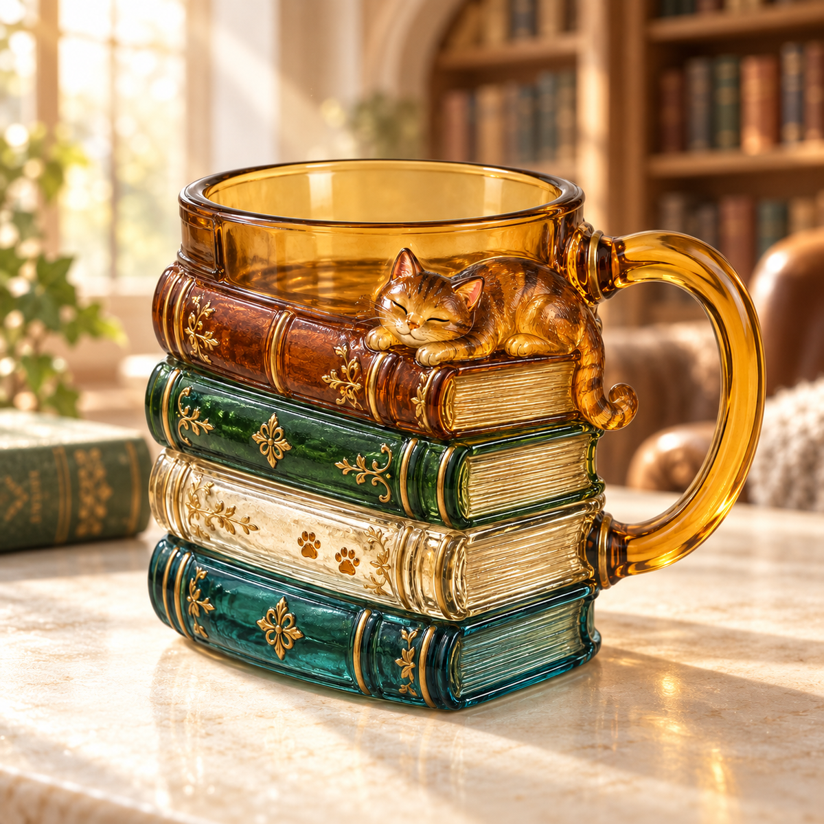 Book stack cat mug in a warm library setting