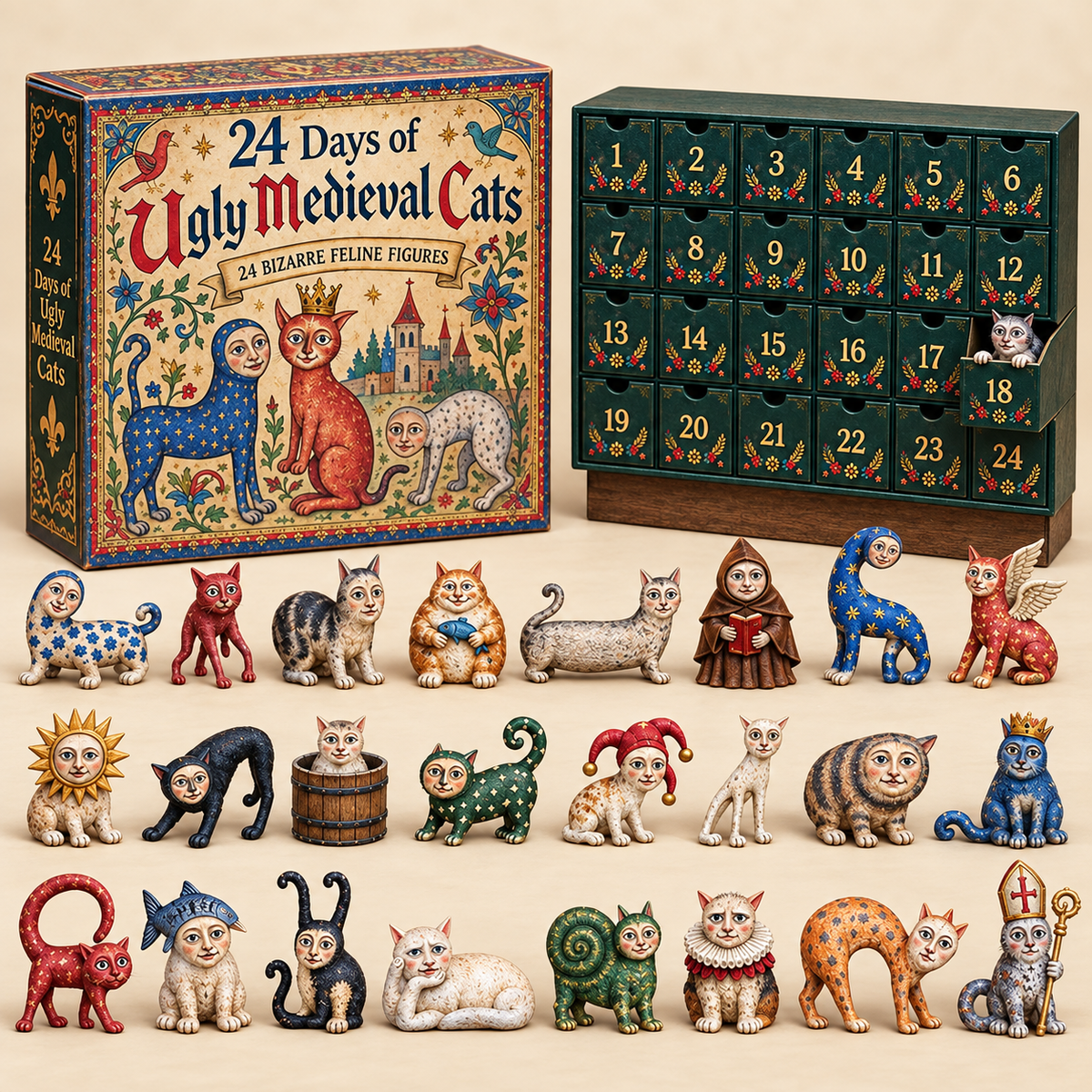 24 Days of Ugly Medieval Cats with illustrated box, numbered drawers and cat figurines