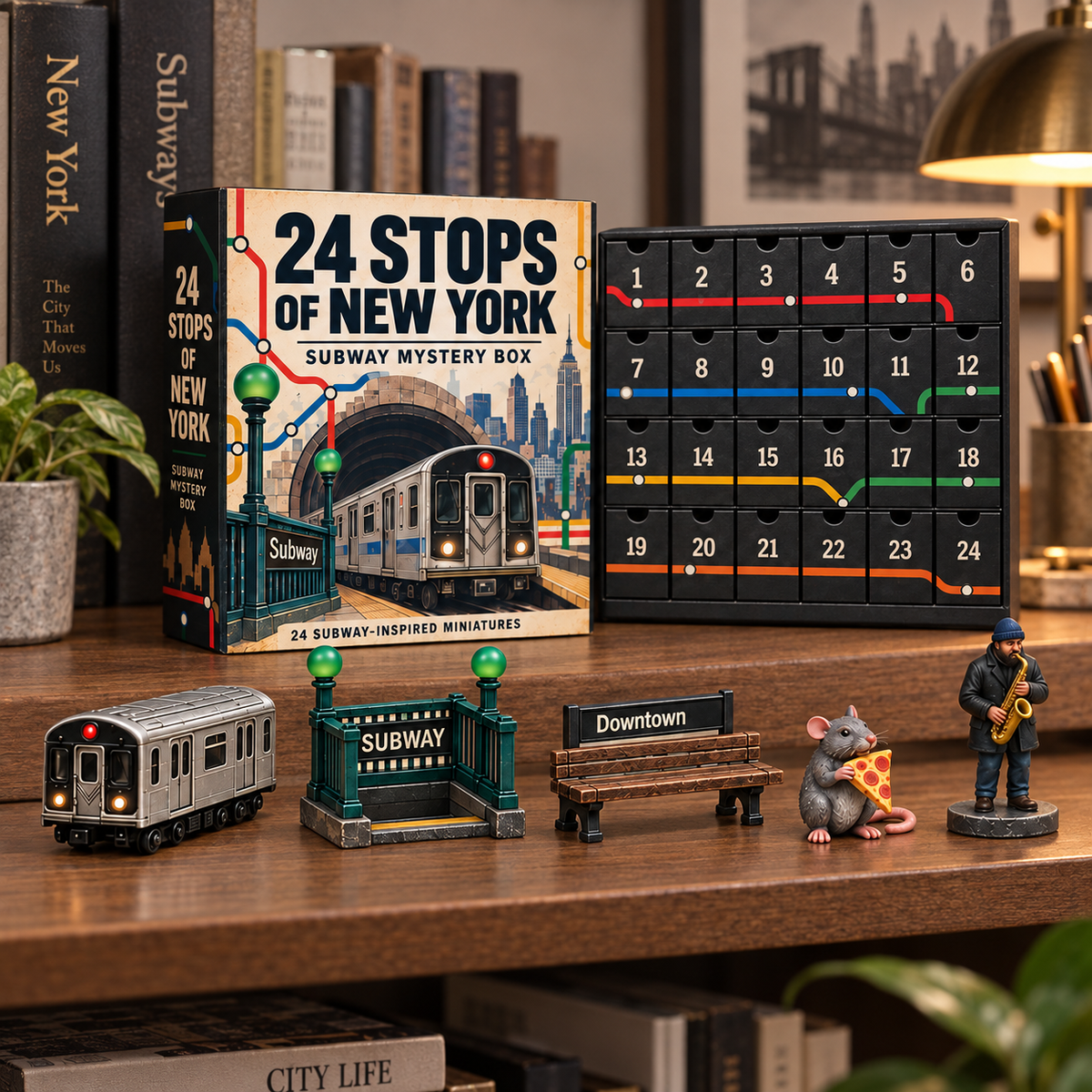 24 Stops of New York drawer box with subway and city miniatures displayed on a bookshelf