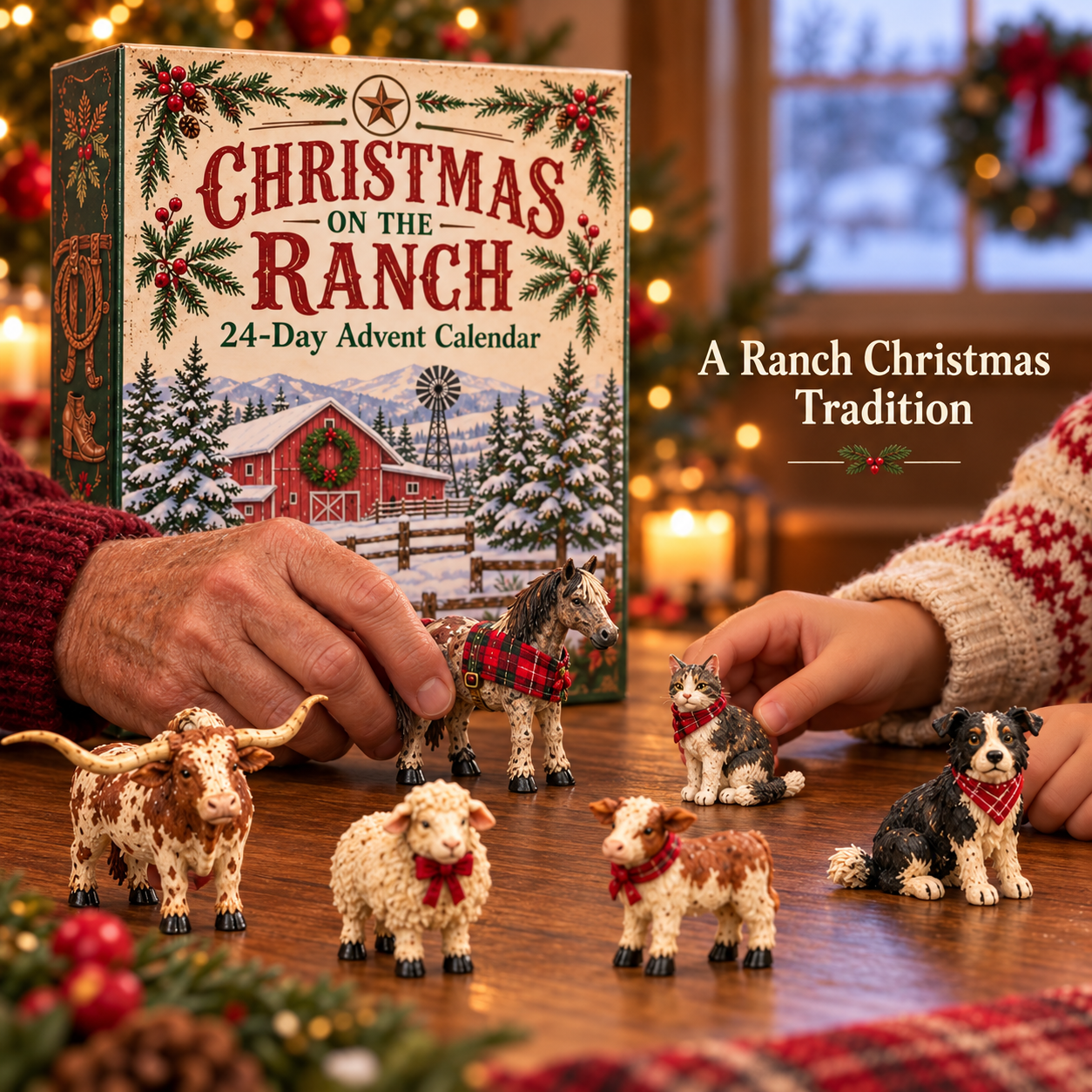 Family Christmas moment with farm animal figurines