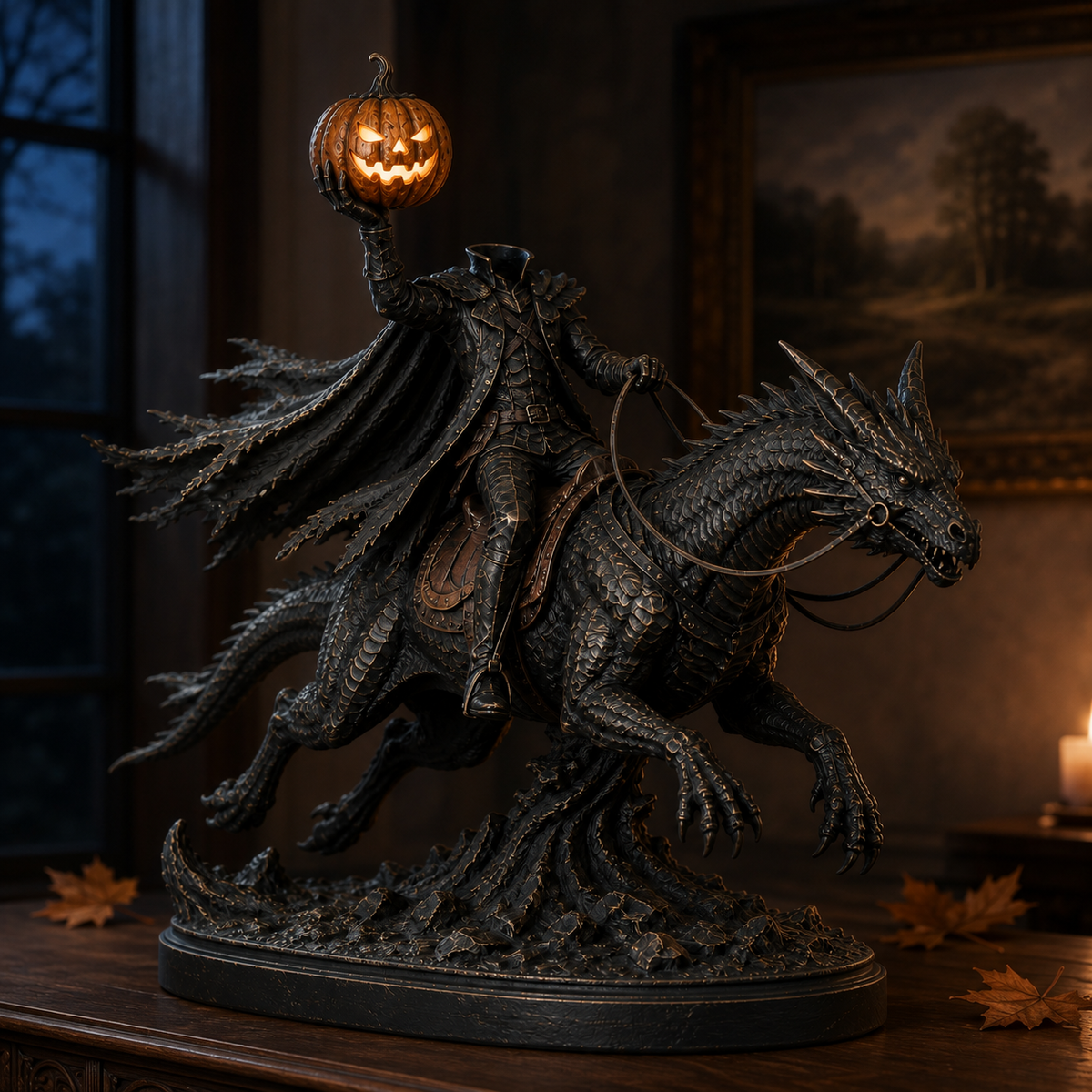 🎃 Headless Horseman on Dragon Statue – Gothic Halloween Figurine & Dark Fantasy Home Decor displayed in a warm gothic interior