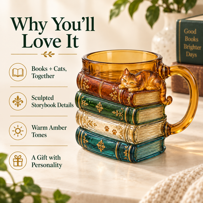 🐱📚 Cozy Book Stack Cat Mug – Whimsical Vintage Coffee Cup for Book & Cat Lovers