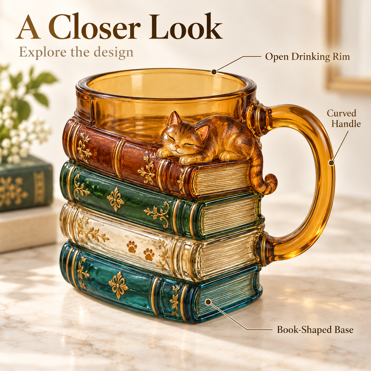 Labeled view of the cup opening, curved handle and book-shaped base