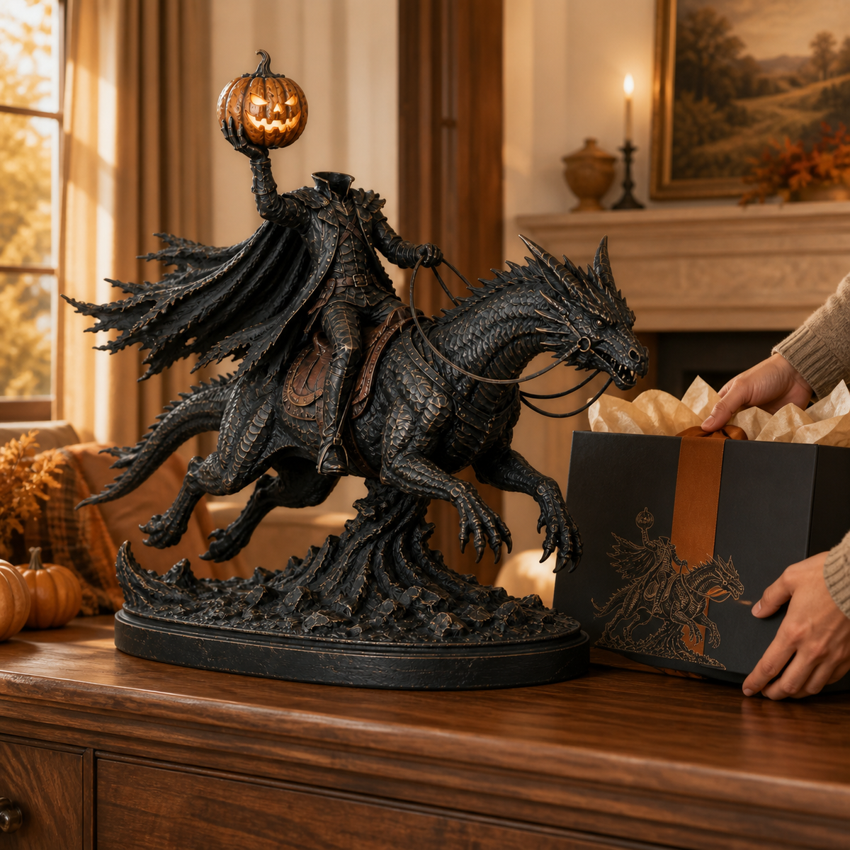 🎃 Headless Horseman on Dragon Statue – Gothic Halloween Figurine & Dark Fantasy Home Decor presented as a collector gift