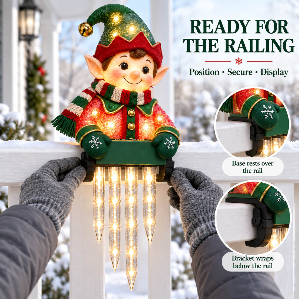 Hands positioning an Elf character light on a railing mount