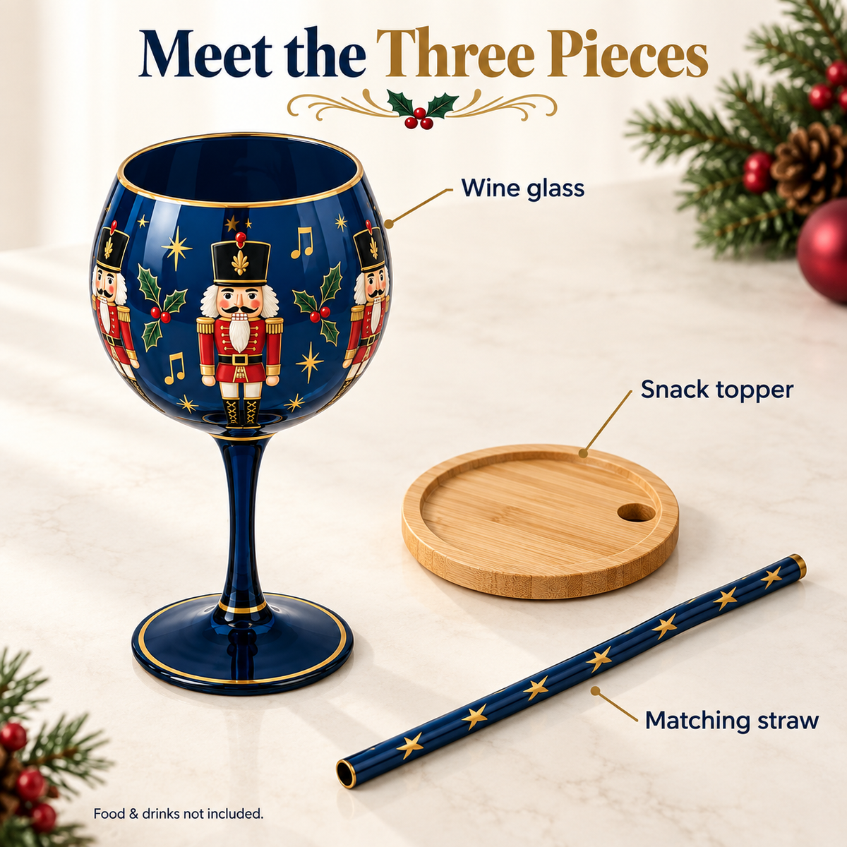 🎄🍷 Christmas Sip & Snack Wine Glass – Charcuterie Topper & Straw in 4 Festive Designs