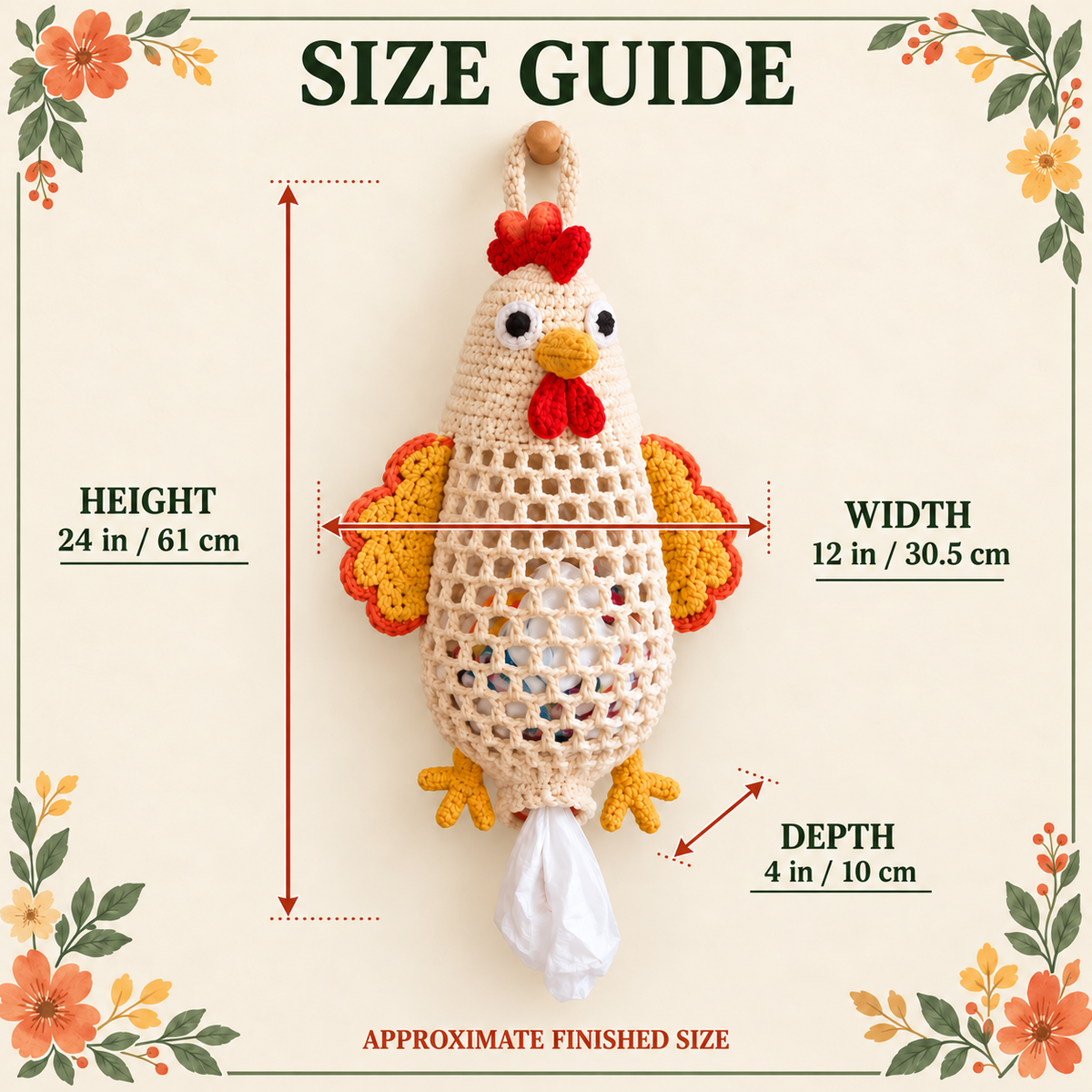 Chicken crochet bag holder approximate finished size guide