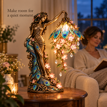 🦚✨ Enchanted Peacock Goddess Table Lamp – Floral Art Nouveau Accent Light
