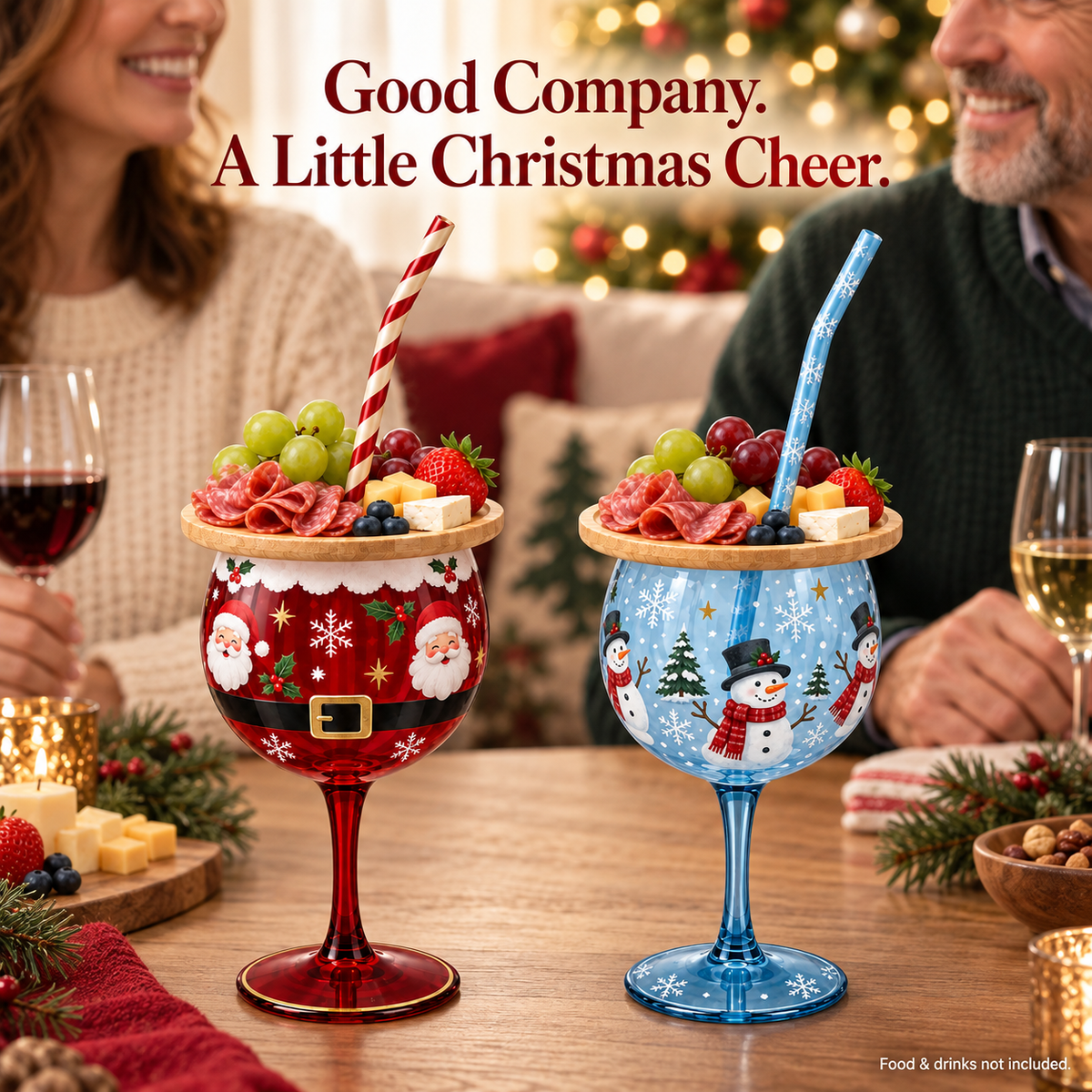 🎄🍷 Christmas Sip & Snack Wine Glass – Charcuterie Topper & Straw in 4 Festive Designs