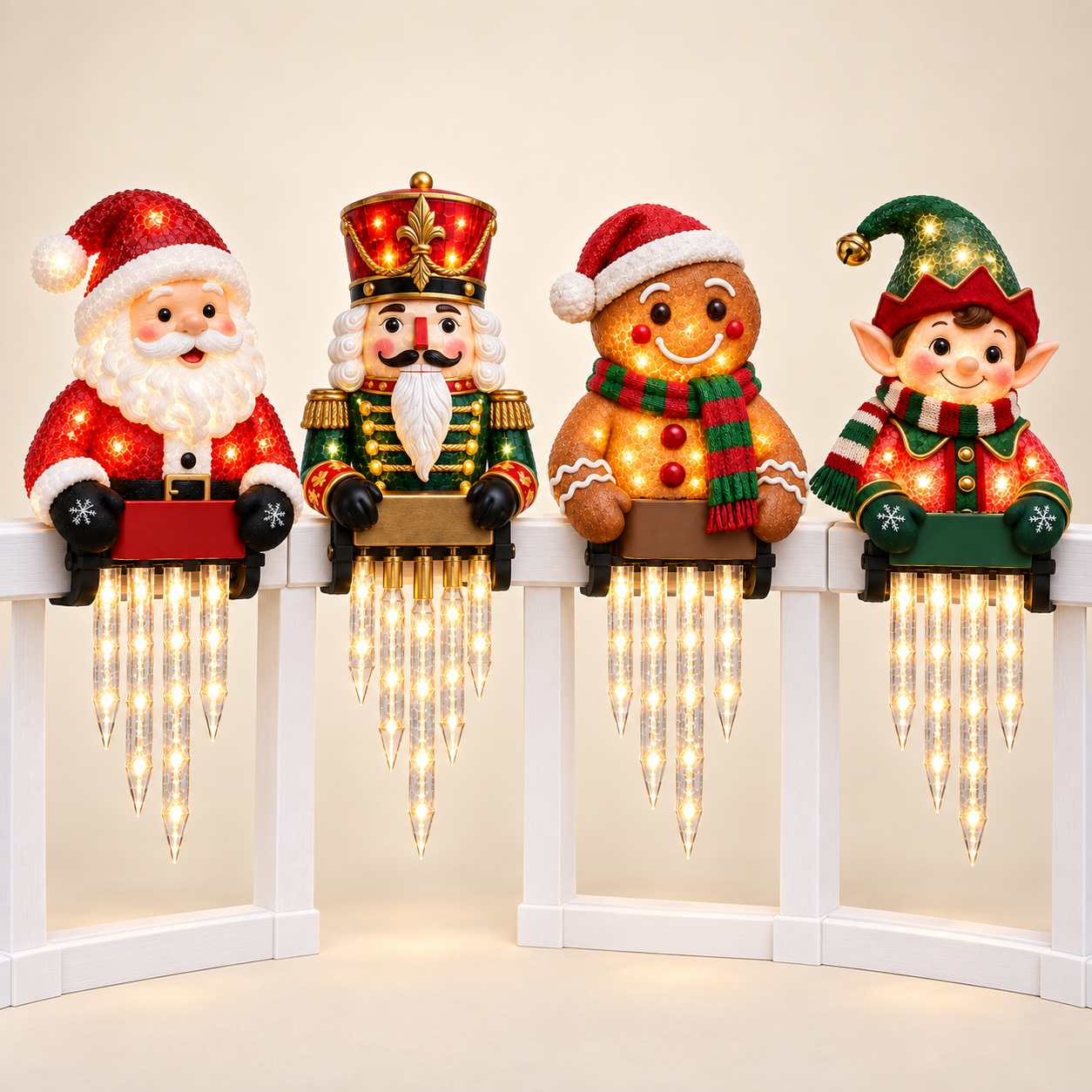Santa, Nutcracker, Gingerbread Man and Elf Christmas railing lights shown together