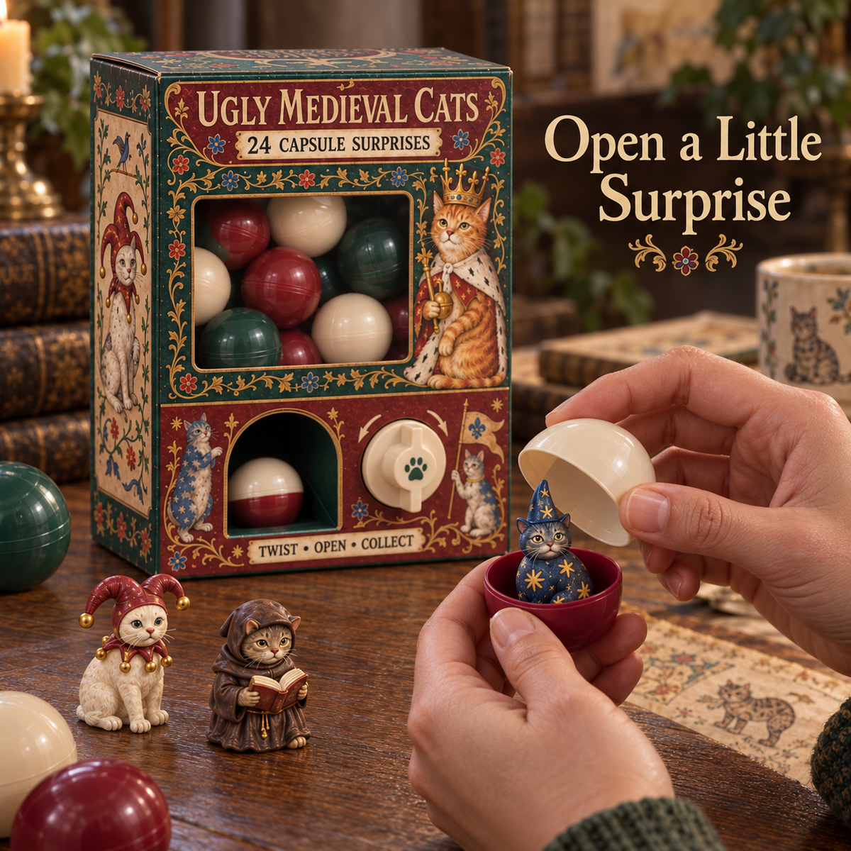 Hands opening a surprise capsule containing a medieval wizard cat