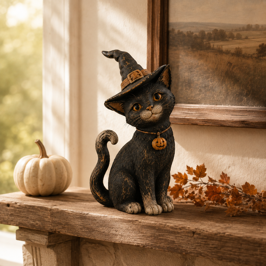 Witch cat figurine styled on a warm autumn mantel