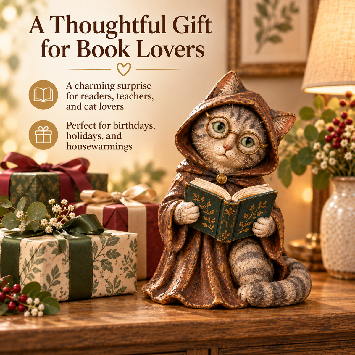 🐱📚 Whimsical Reading Cat Figurine – Cozy Book Lover Shelf Décor & Gift