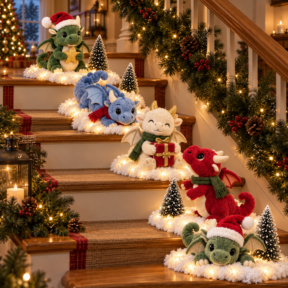 Five dragon Christmas scenes displayed along a decorated staircase