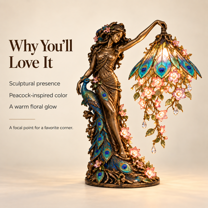 🦚✨ Enchanted Peacock Goddess Table Lamp – Floral Art Nouveau Accent Light