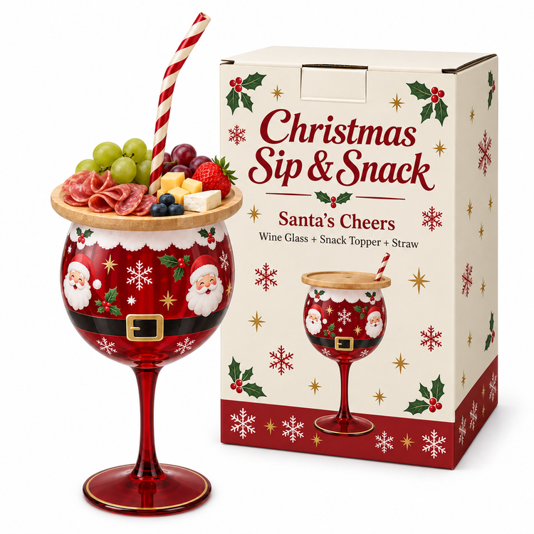 Santa Claus wine glass, snack topper, straw and illustrated carton